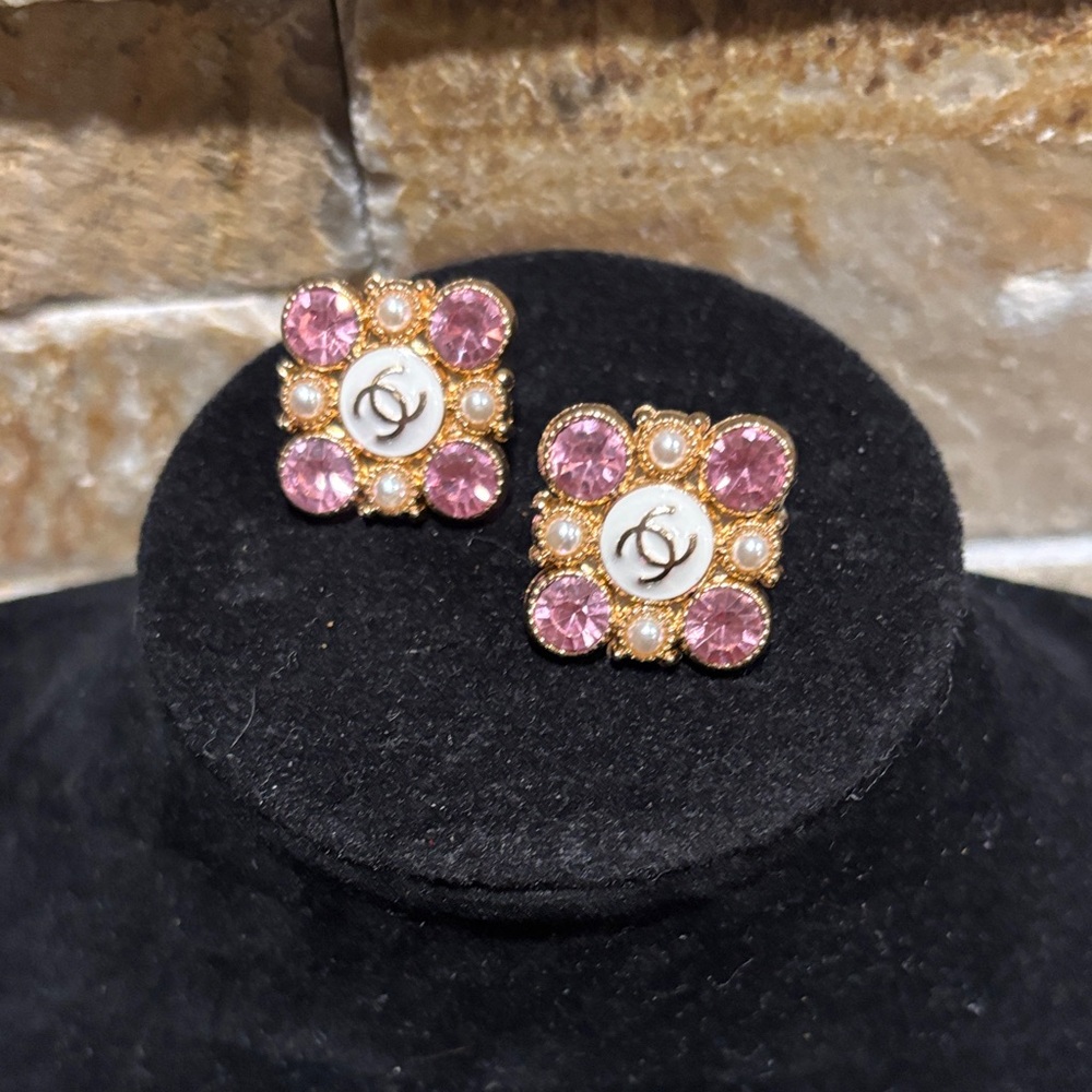 Pink Crystal, Pearl and Gold CC Square Earrings